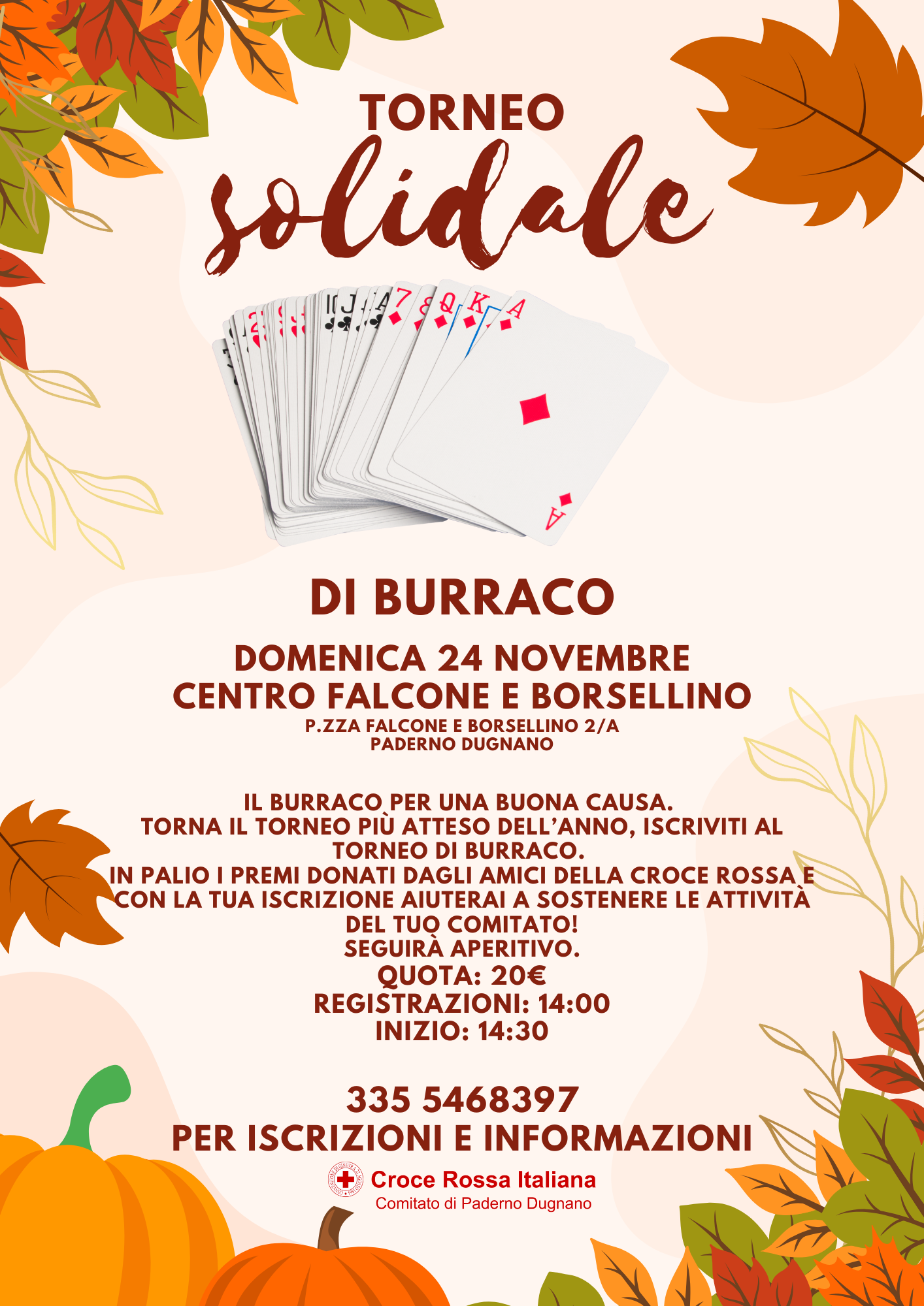 Unisciti a noi domenica 24 novembre per l’annuale Torneo di Burraco organizzato dal nostro Comitato! L’evento è un’occasione imperdibile per trascorrere un pomeriggio all'insegna del gioco, della convivialità e della solidarietà, aperto a tutti gli appassionati del burraco.